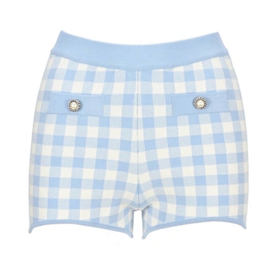 Allesandra Rich blue and white check knit short shorts size XS